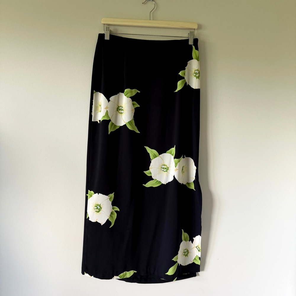 Hillard & Hanson Womens Black Floral Maxi Skirt Side Slit Size M Made in‎ USA